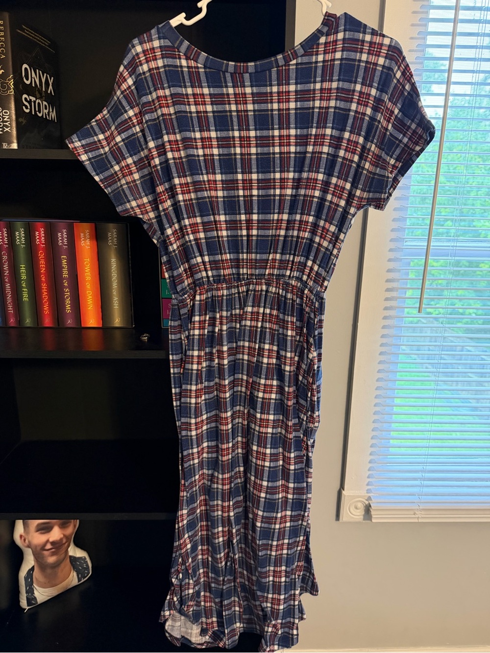 Plaid Short Sleeve Midi Dress - Blue, Red & White